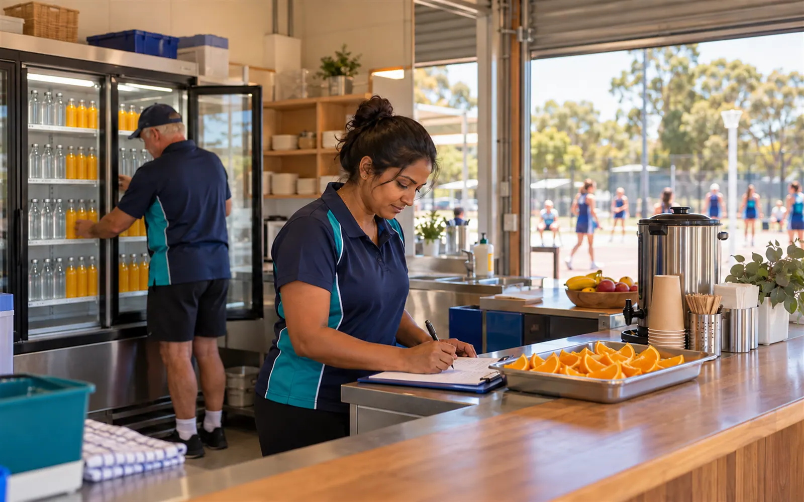 Two volunteers working the canteen counter at a junior netball club on a Saturday morning.