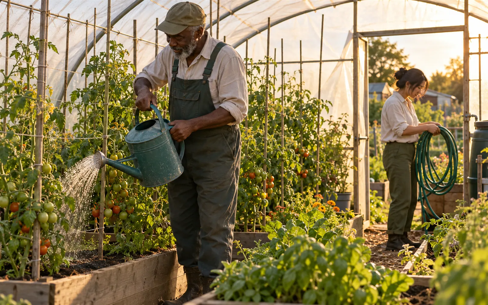 Two allotment holders watering and tidying inside a shared polytunnel on a summer evening.
