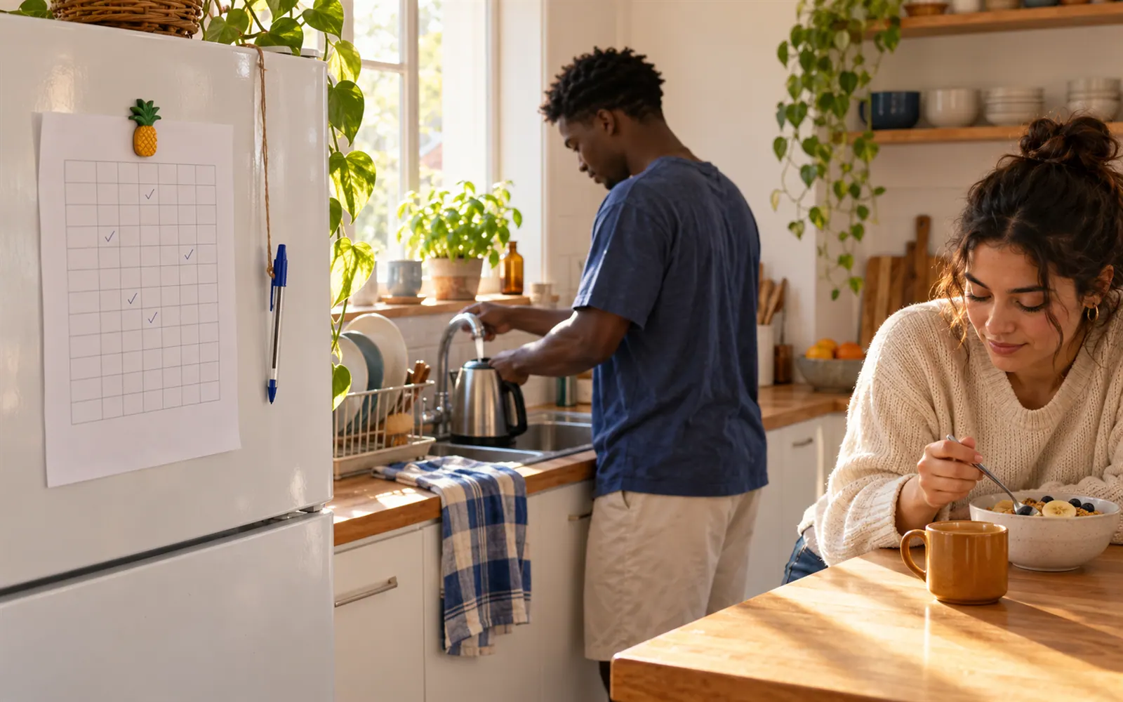 A printed roster held to a share-house fridge with a magnet, a pen on a string beside it, while housemates make breakfast.