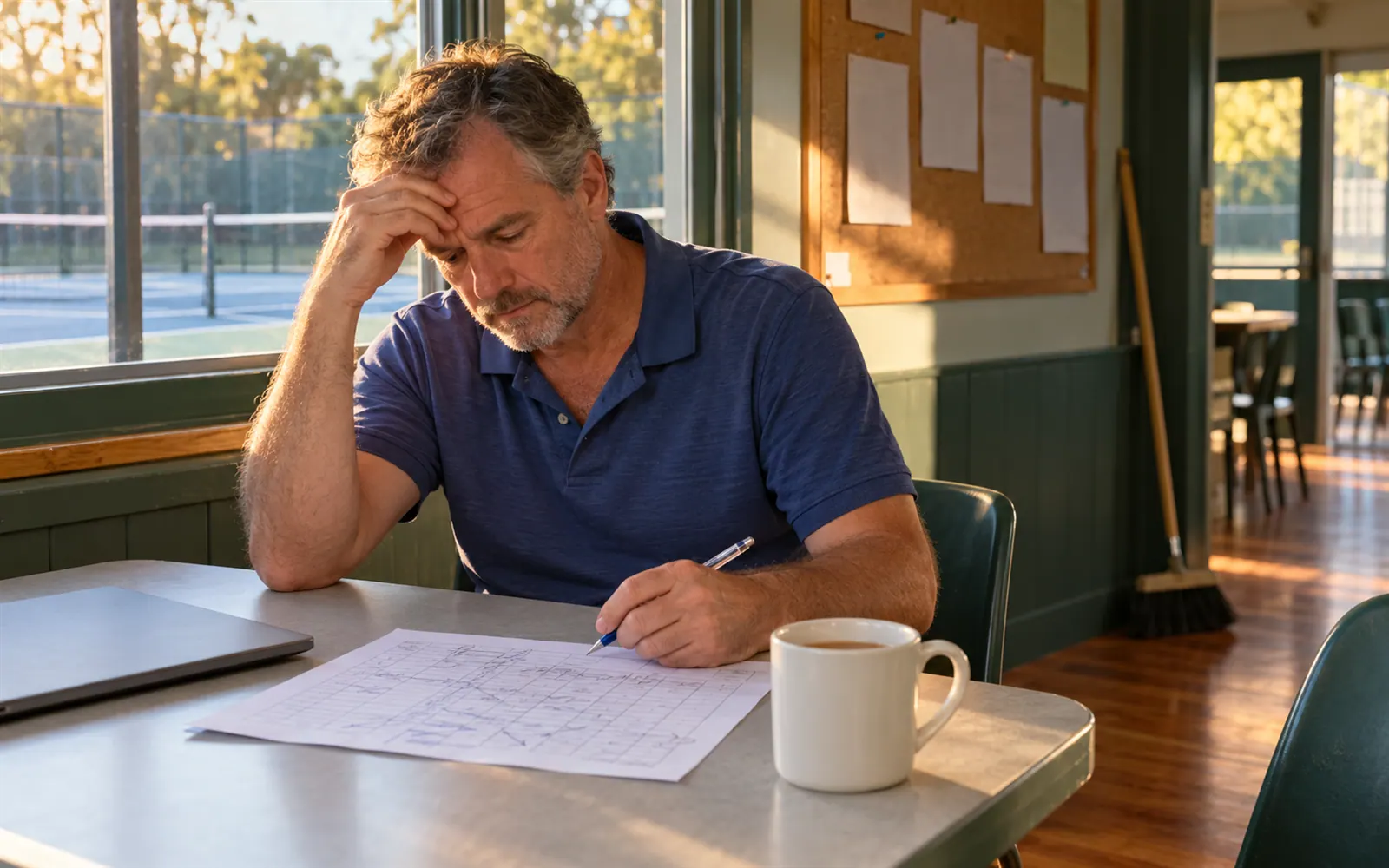 A man at a clubhouse table frowns at a printed roster covered in crossings-out, with tennis courts outside the window.