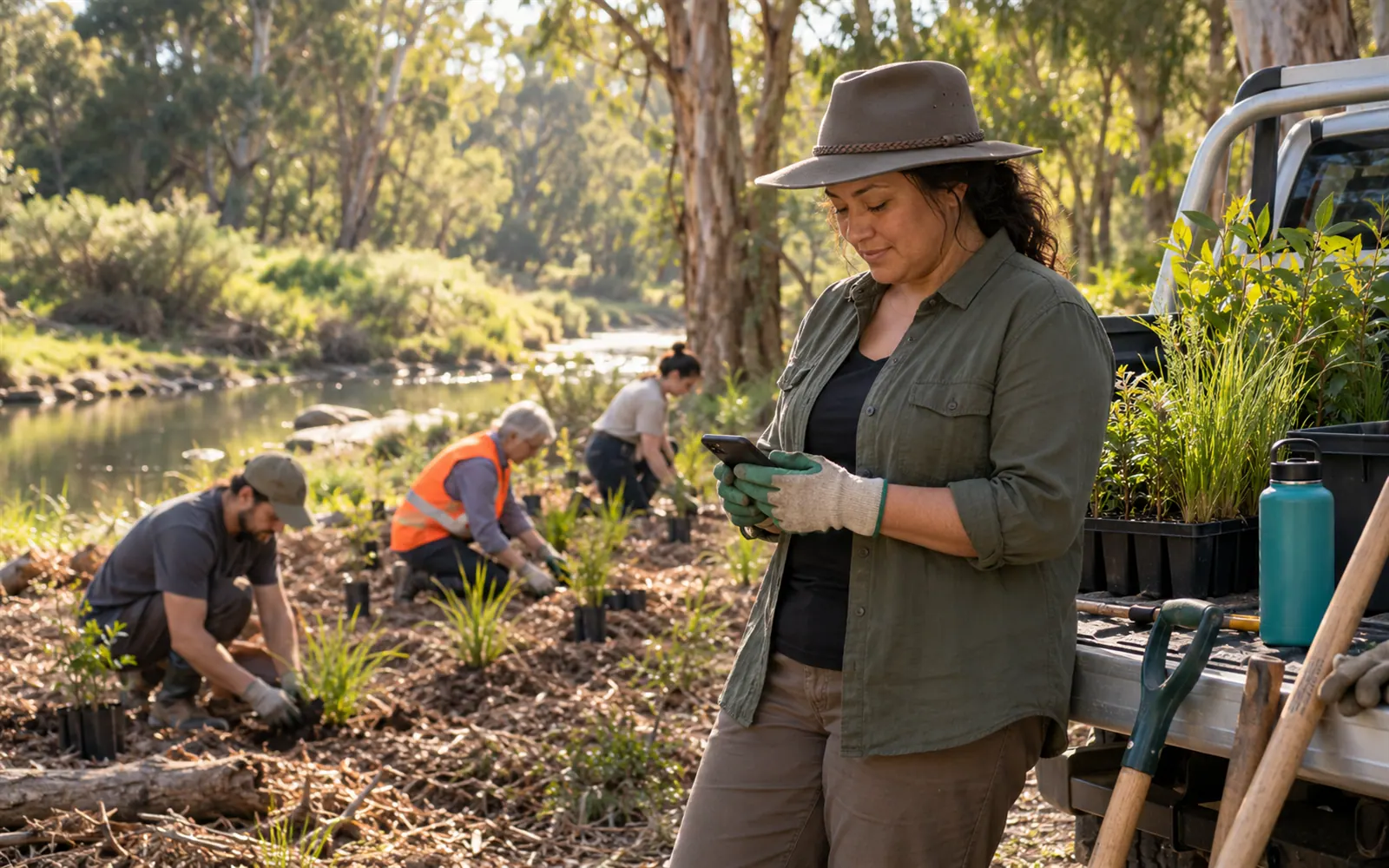 A volunteer beside a ute full of seedlings checks her phone while others plant along a creek bank.