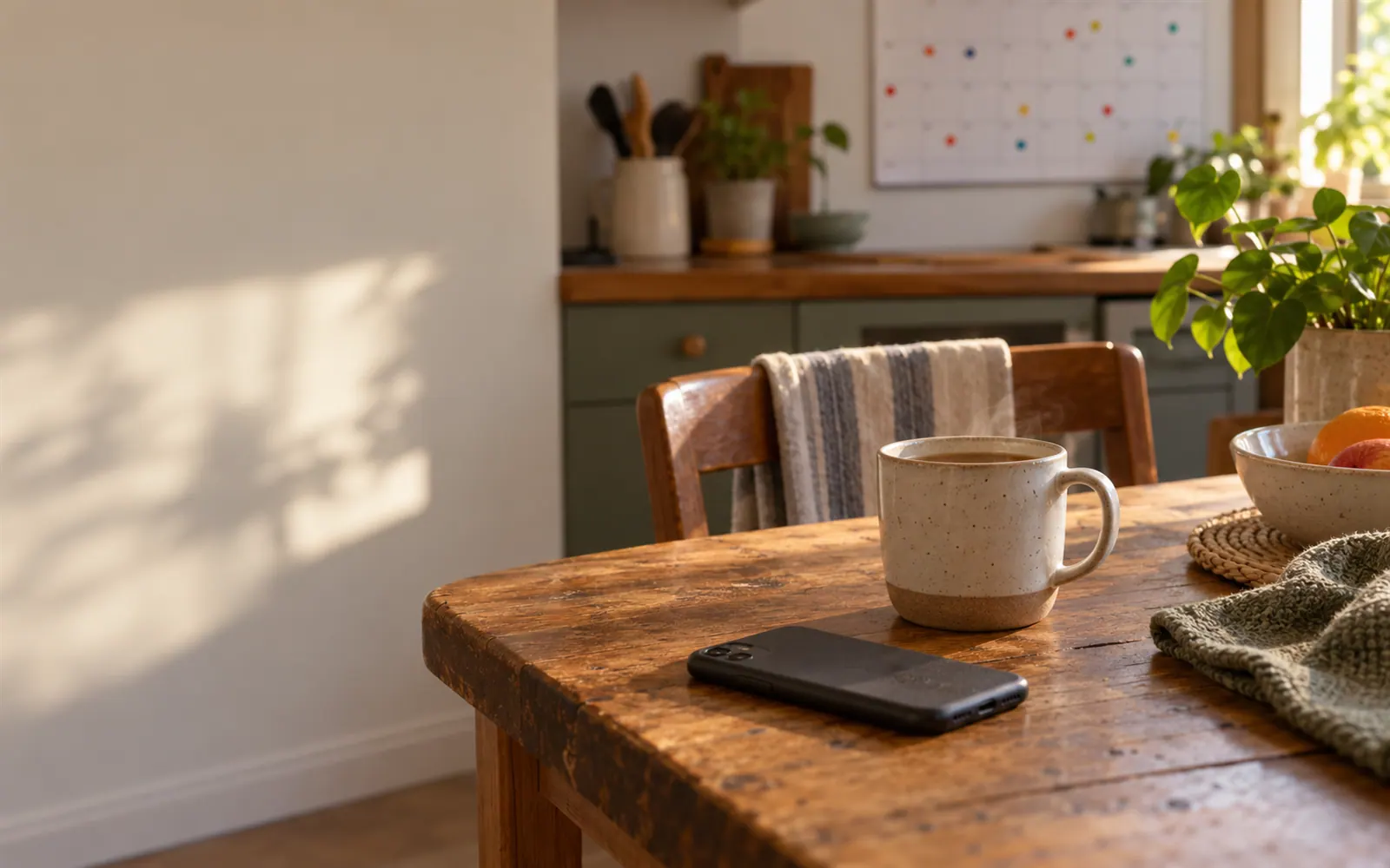 A quiet kitchen table with a mug of tea and a wall calendar behind.