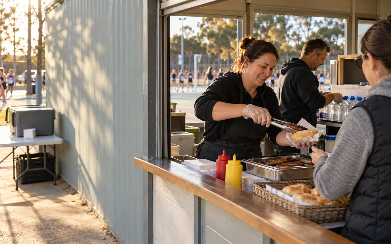 Two parents running a junior netball club canteen window on a Saturday.