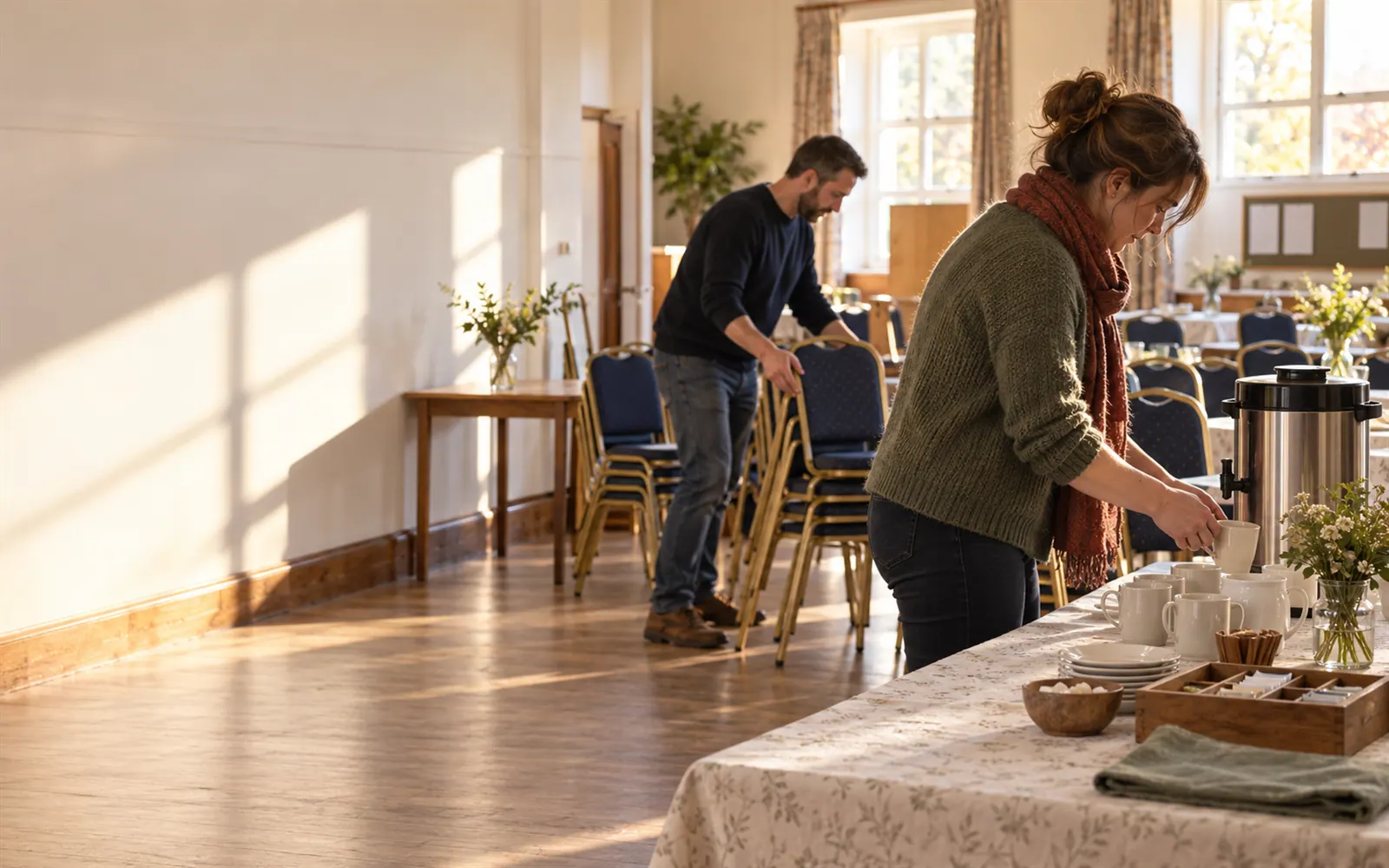 Two people setting out chairs and a tea urn in a modest suburban church hall before a morning gathering.