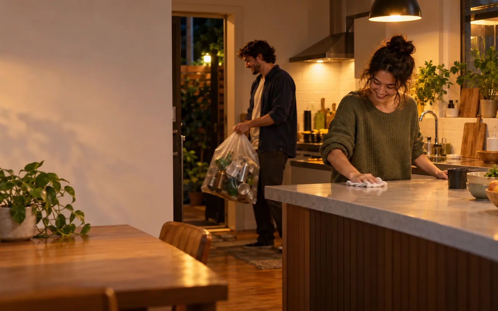 A share-house kitchen with two housemates.