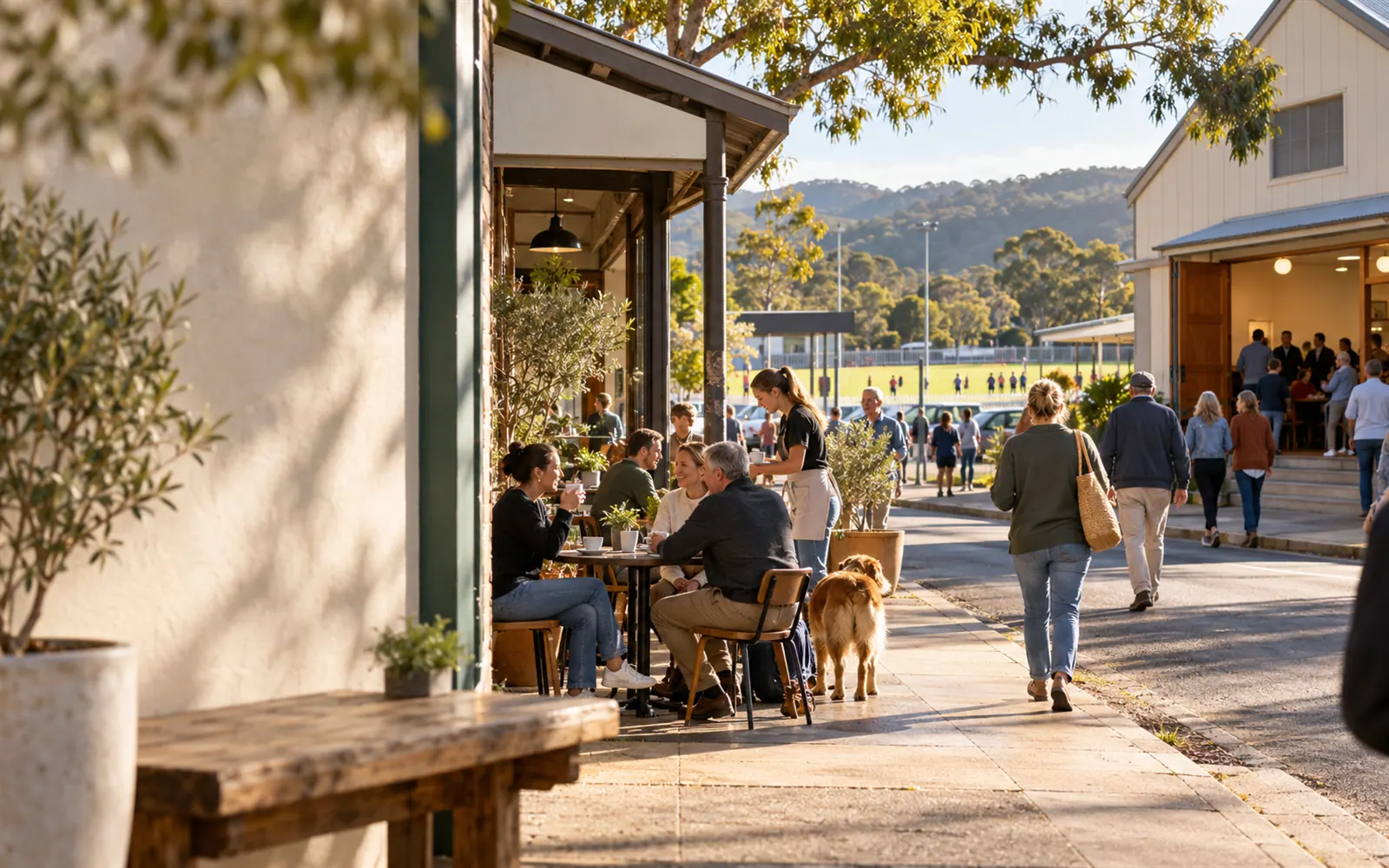 A local high street on a weekend morning: a café, a community hall and a sports oval.
