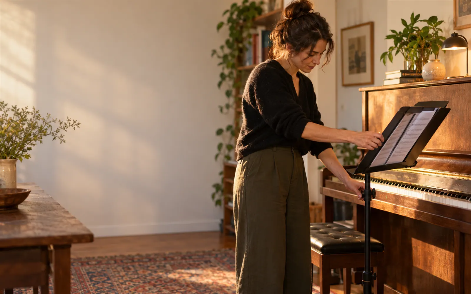 A music teacher in a home studio adjusting a music stand beside an upright piano.