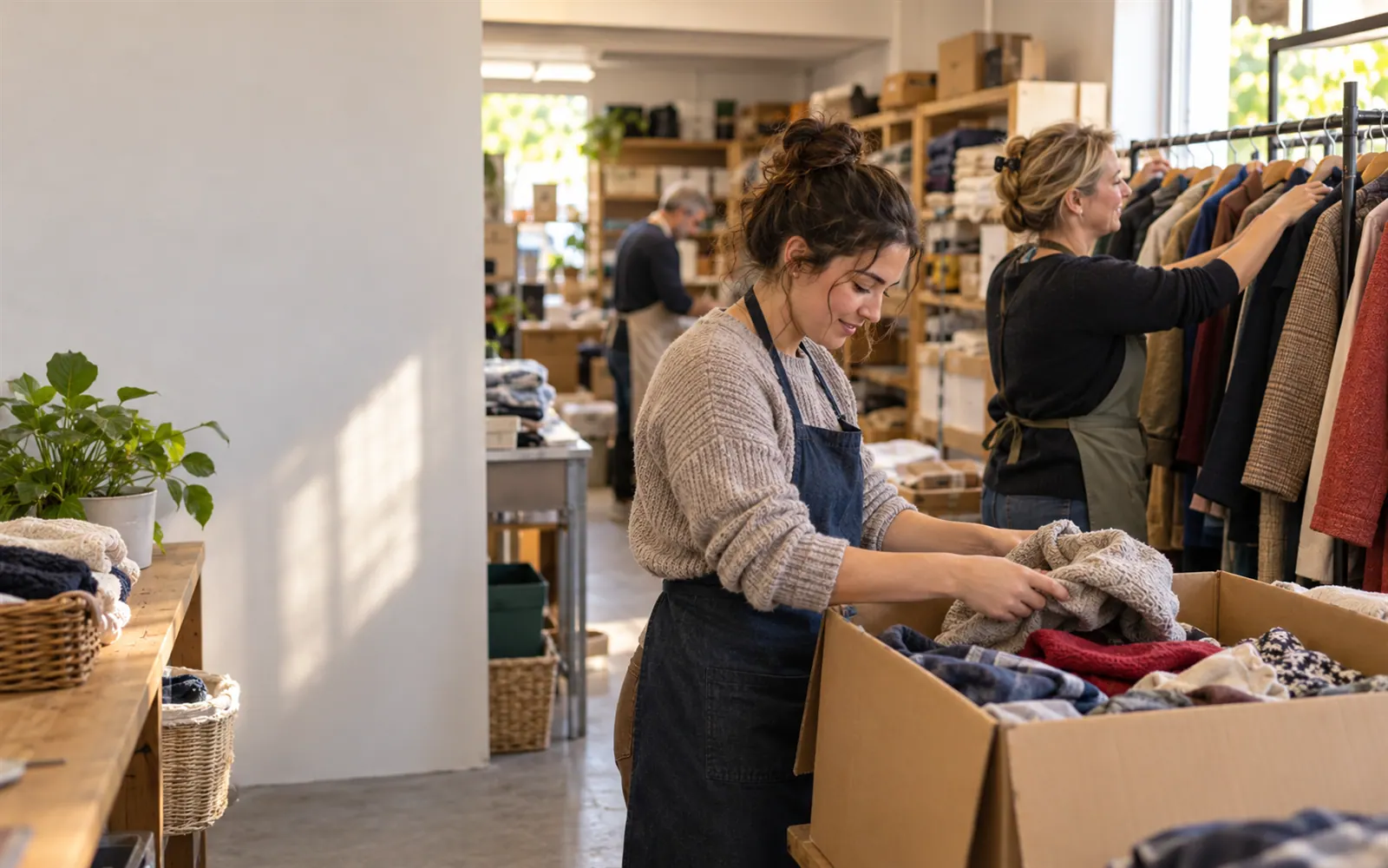 Volunteers sorting donated clothes at an op shop back room.