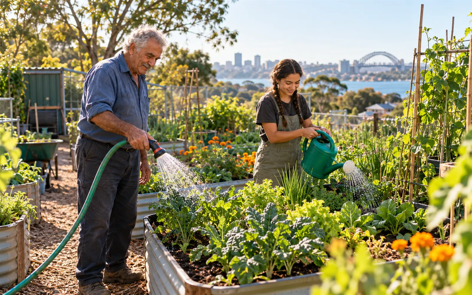 Two volunteers watering raised garden beds on a Sunday morning.