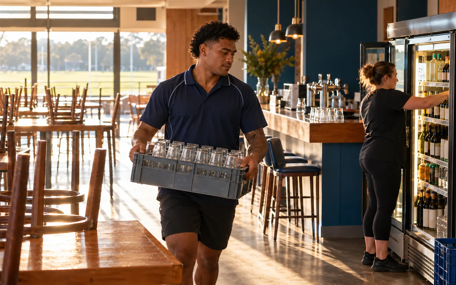 A volunteer carrying crates while setting up a club bar.