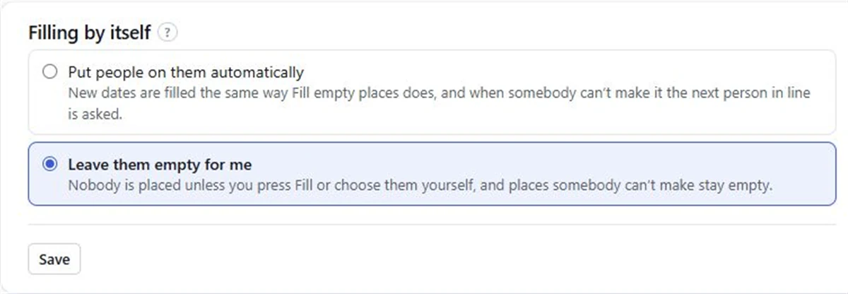 Screenshot: the Filling by itself setting, with Put people on them automatically and Leave them empty for me