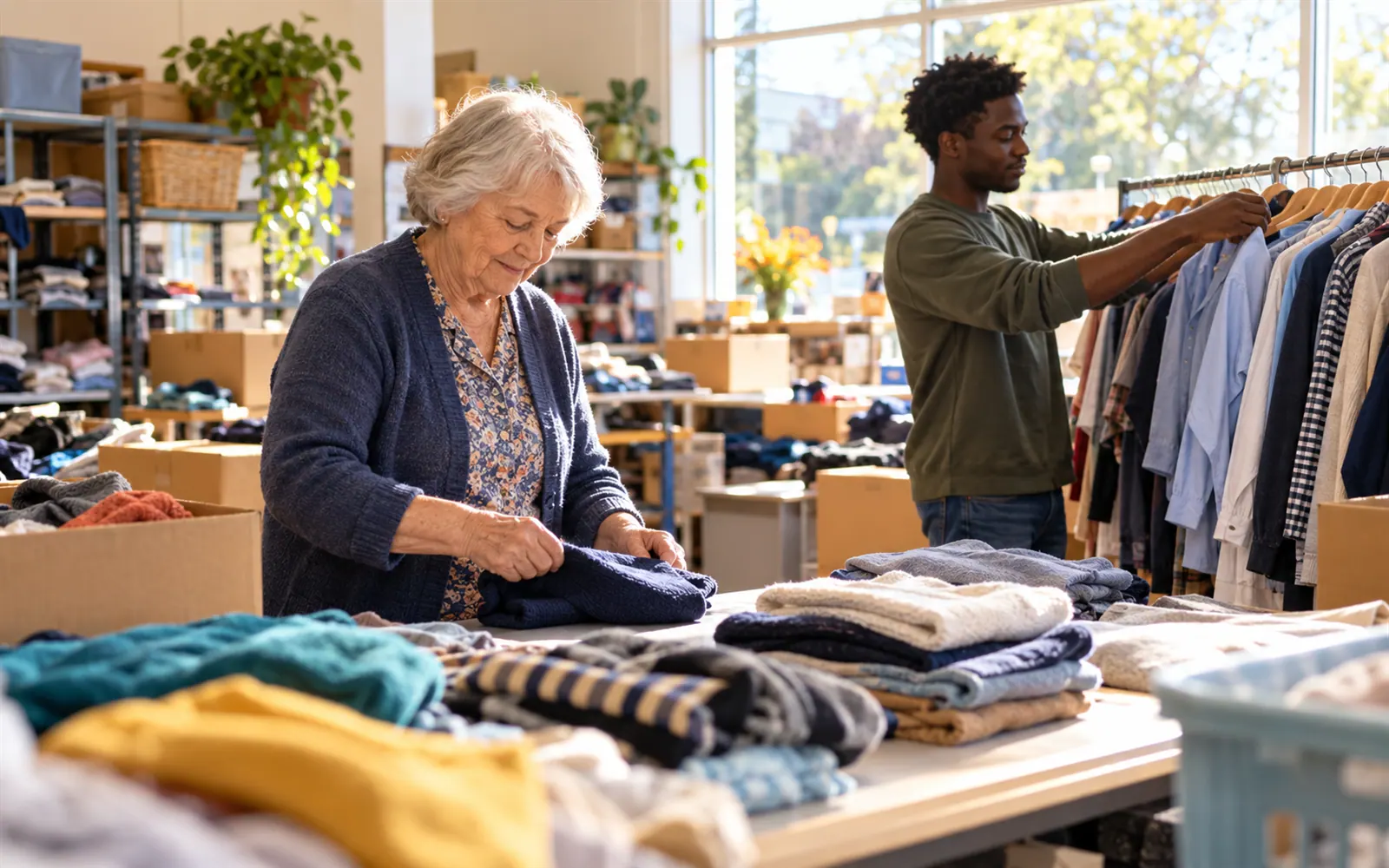 Op shop volunteers sorting donated clothes.