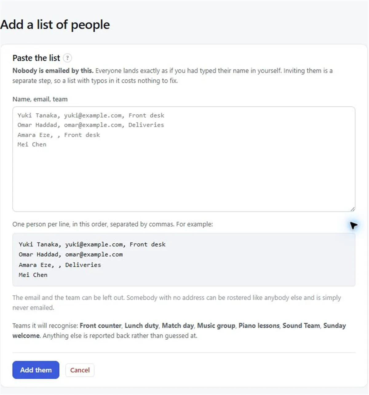 Screenshot: the Paste a list page, which says nobody is emailed by it