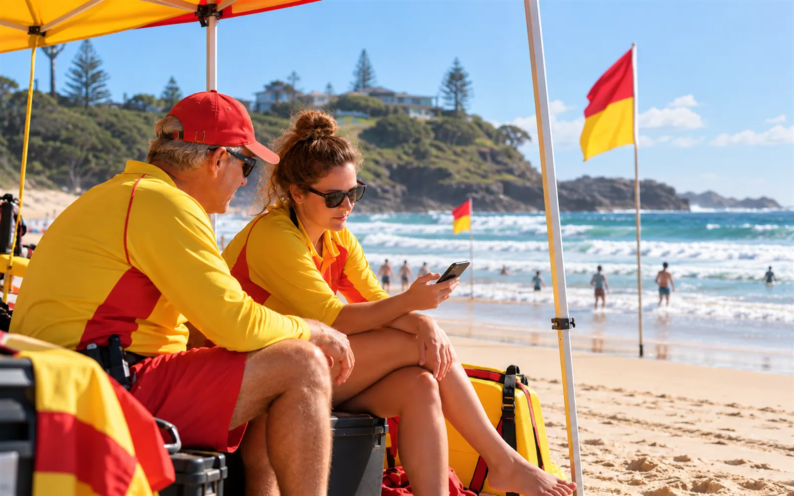 Two adult surf patrol members checking a phone beneath a beach tent.