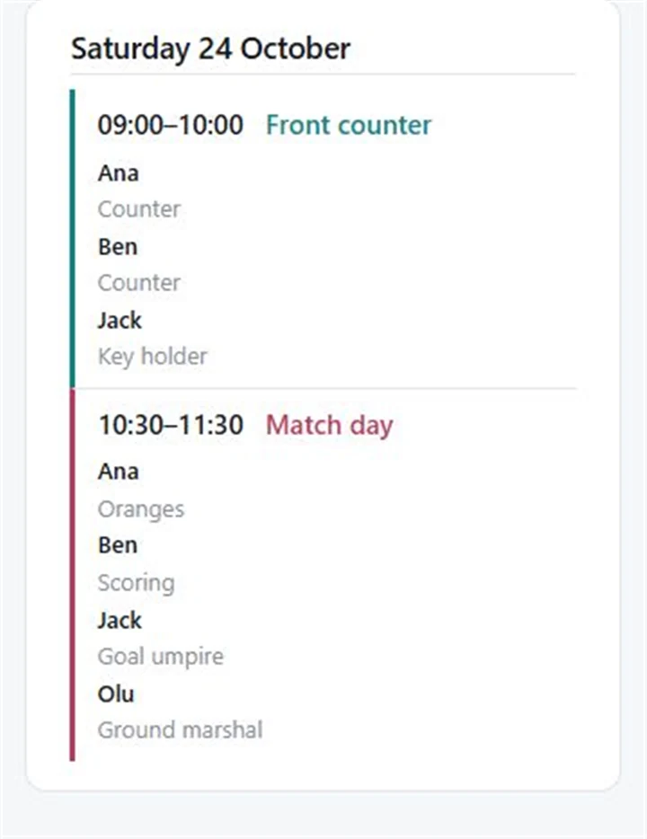 Screenshot: the public roster on a phone, showing who is on each place on a Saturday