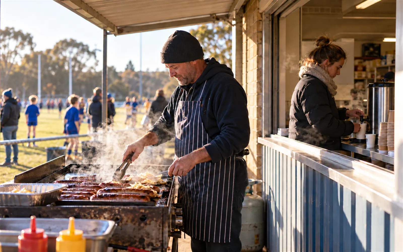Club volunteers on the barbecue and the urn at a junior footy canteen.