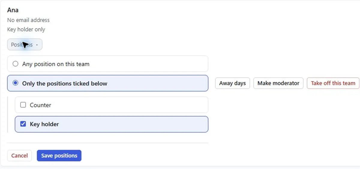 Screenshot: a person limited to the positions ticked below, with Key holder ticked and Counter not