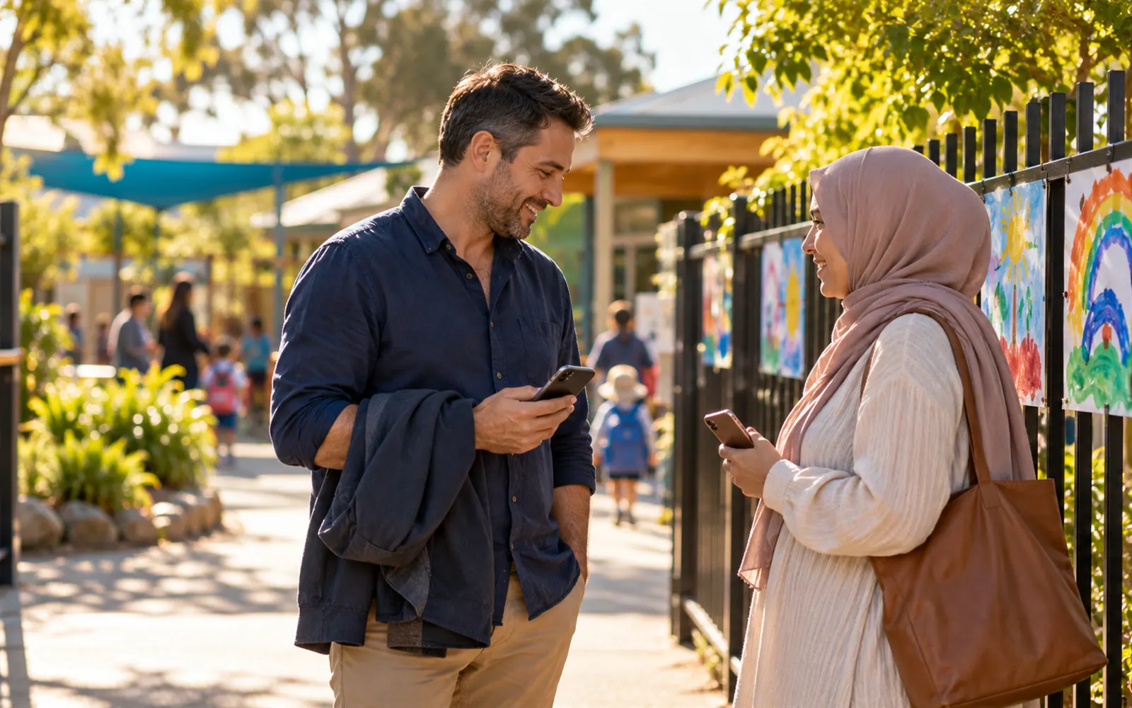 Parents checking their phones outside a kindy gate at pick-up.