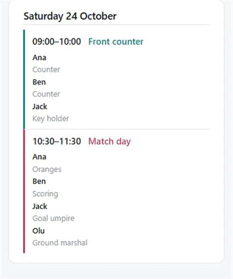 Screenshot: the public roster in list view, showing who is on each date
