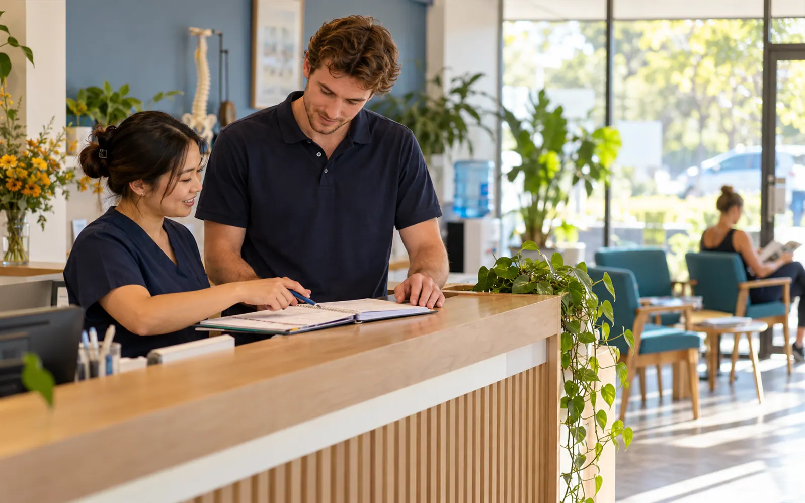 Two front desk staff looking over the week together.