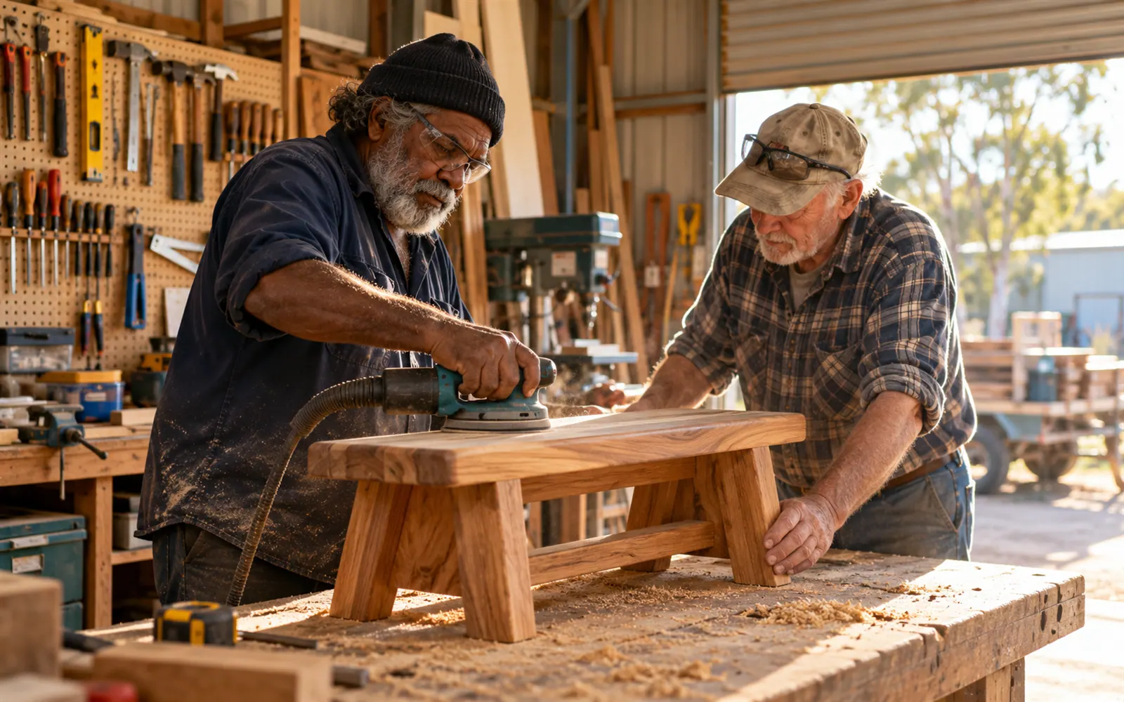 Two older men sanding timber at a community workshop bench.