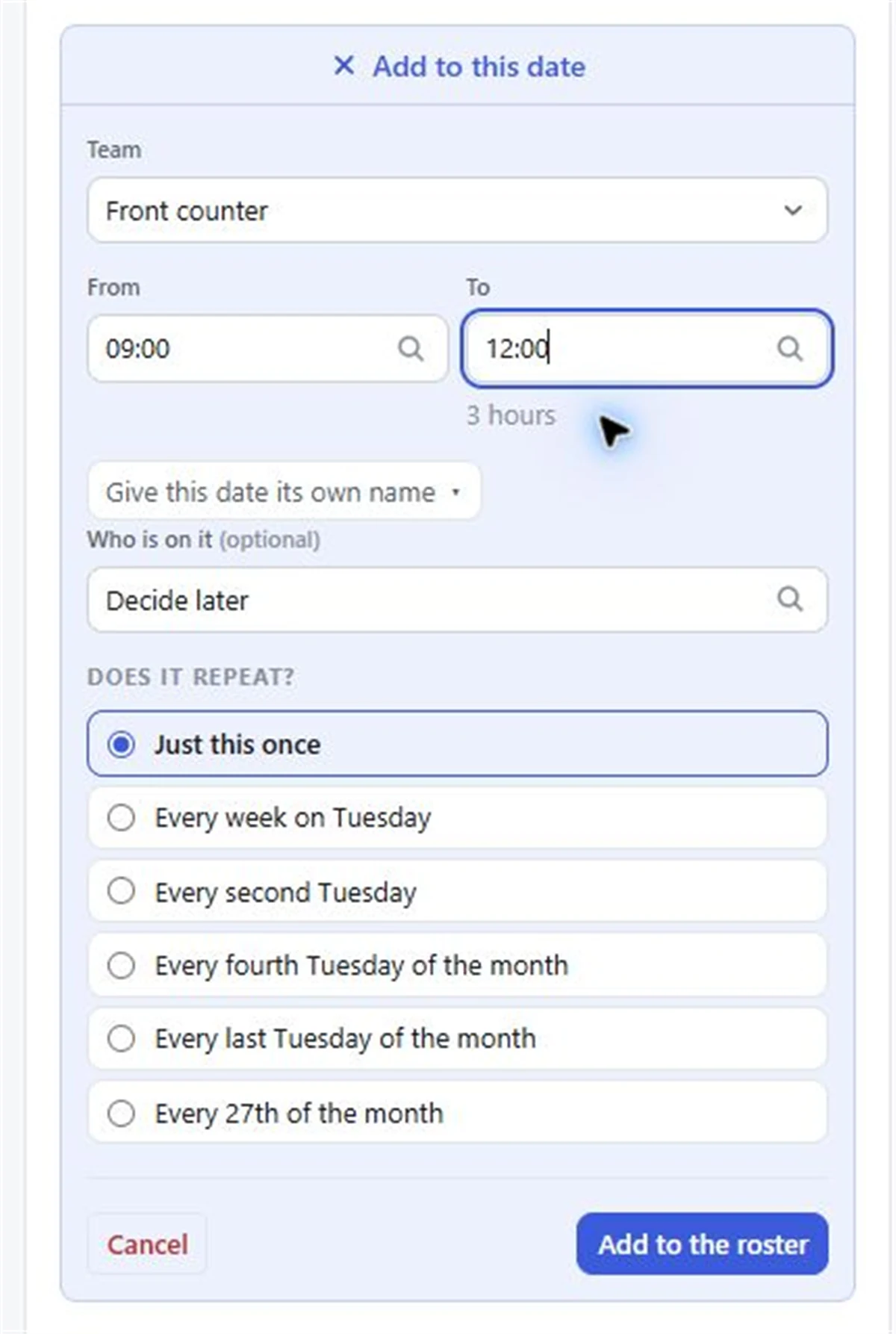 Screenshot: the add-a-date form with From and To times and the repeat sentences, from Just this once to Every 27th of the month