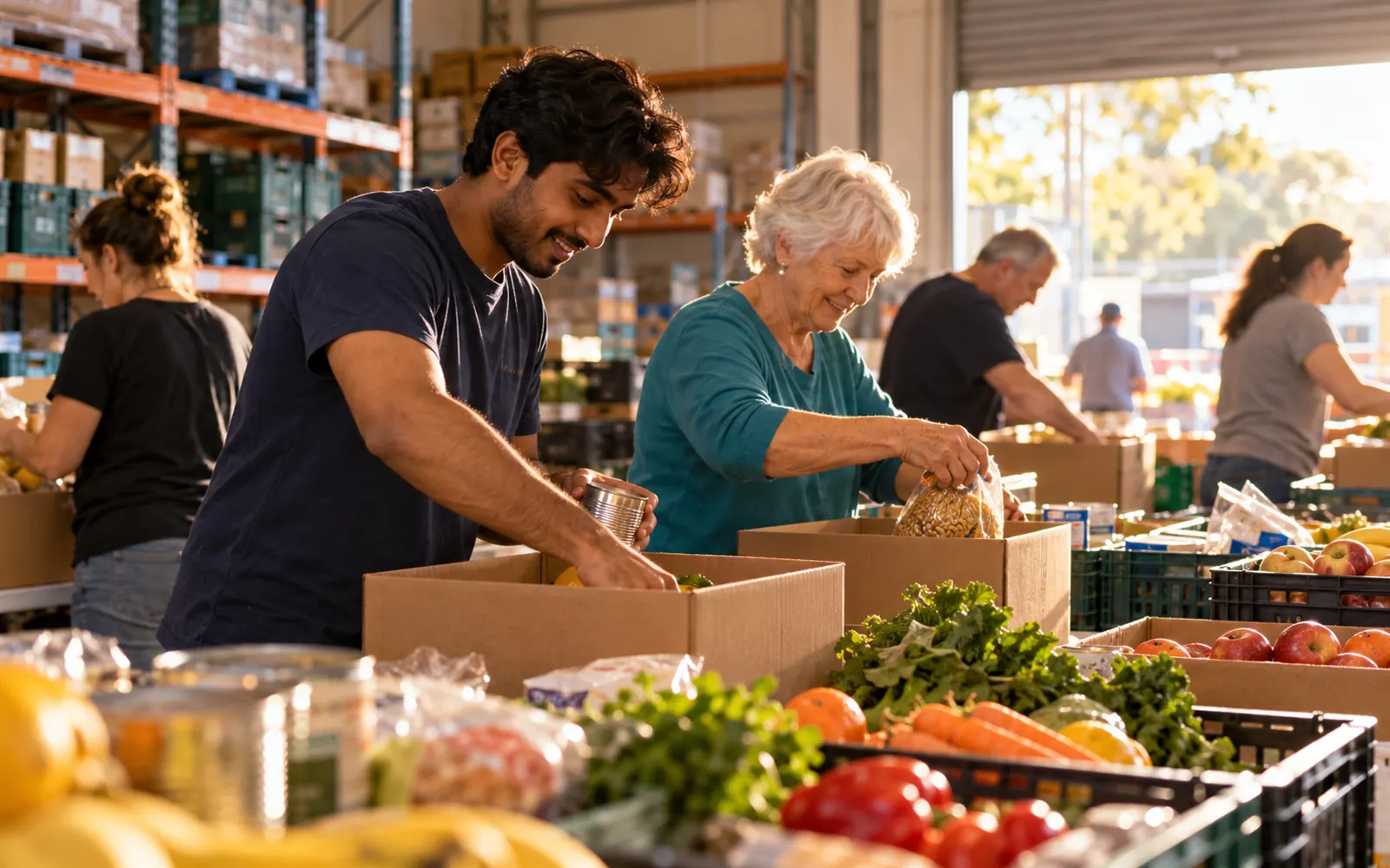 Volunteers packing food hampers at a long table.