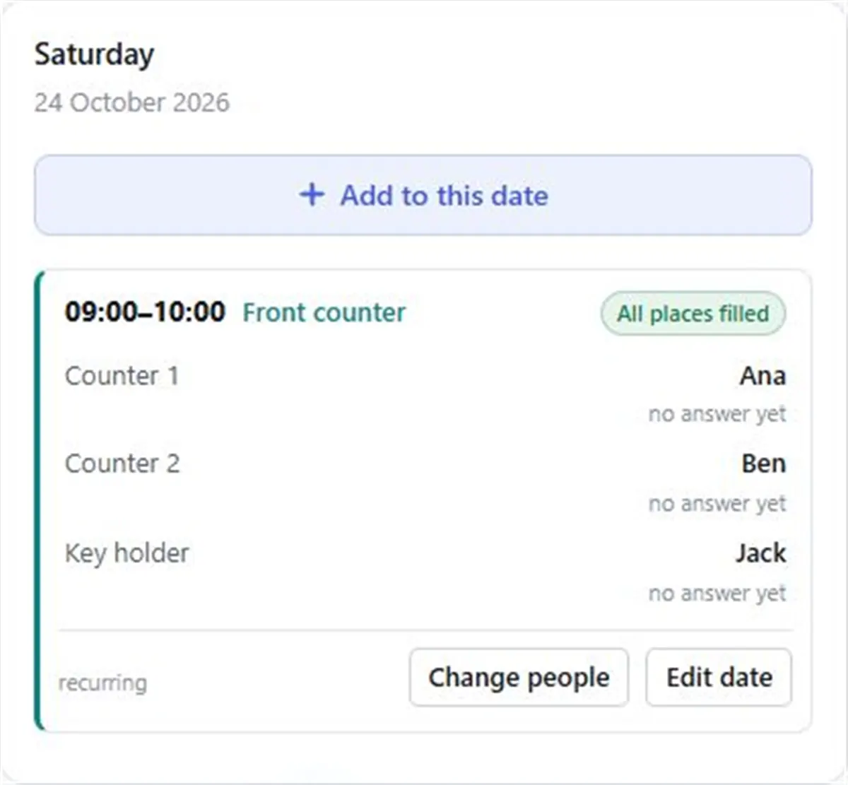 Screenshot: a date in the day panel with each place filled and “no answer yet” under the names