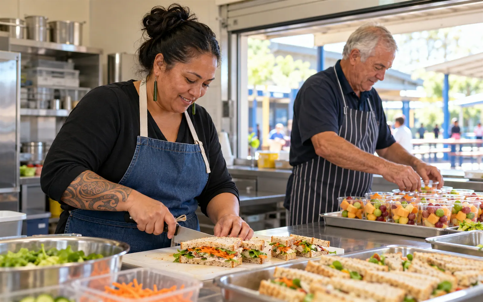 Two parent volunteers preparing food in a school canteen.
