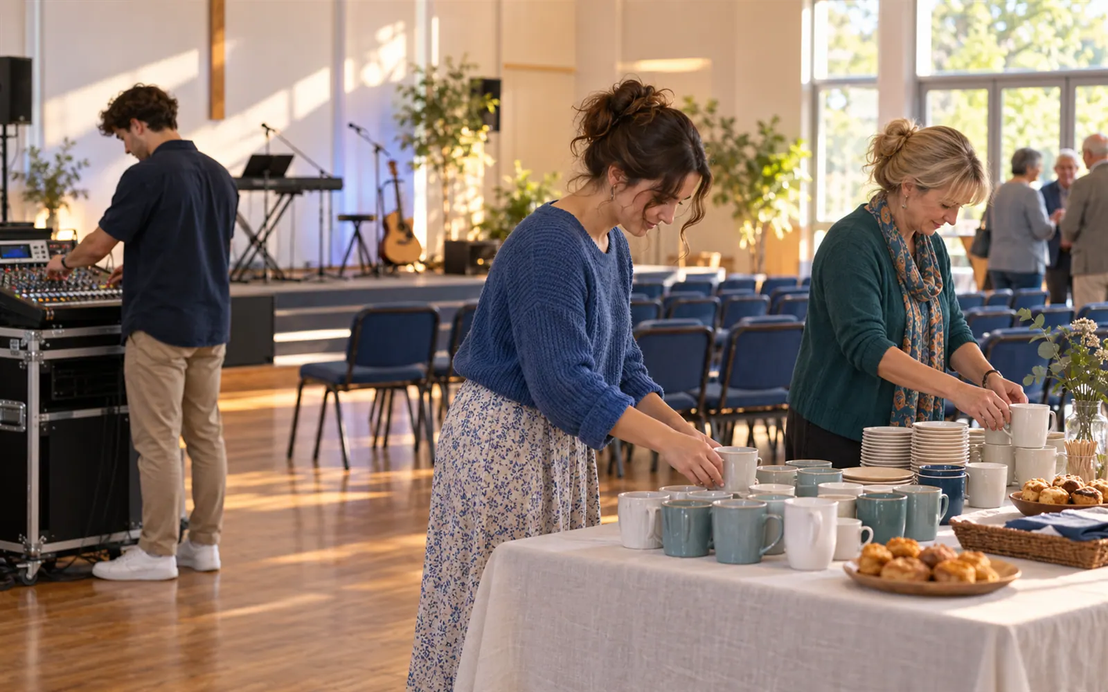 Volunteers setting up the sound desk and morning tea in a church hall before a Sunday gathering.