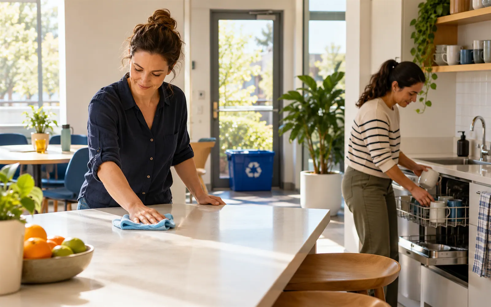 Two colleagues doing their kitchen duties in a small office kitchen.