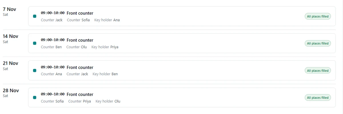 Screenshot: the list view of a front counter duty roster, four Saturdays with the counter and key holder on each