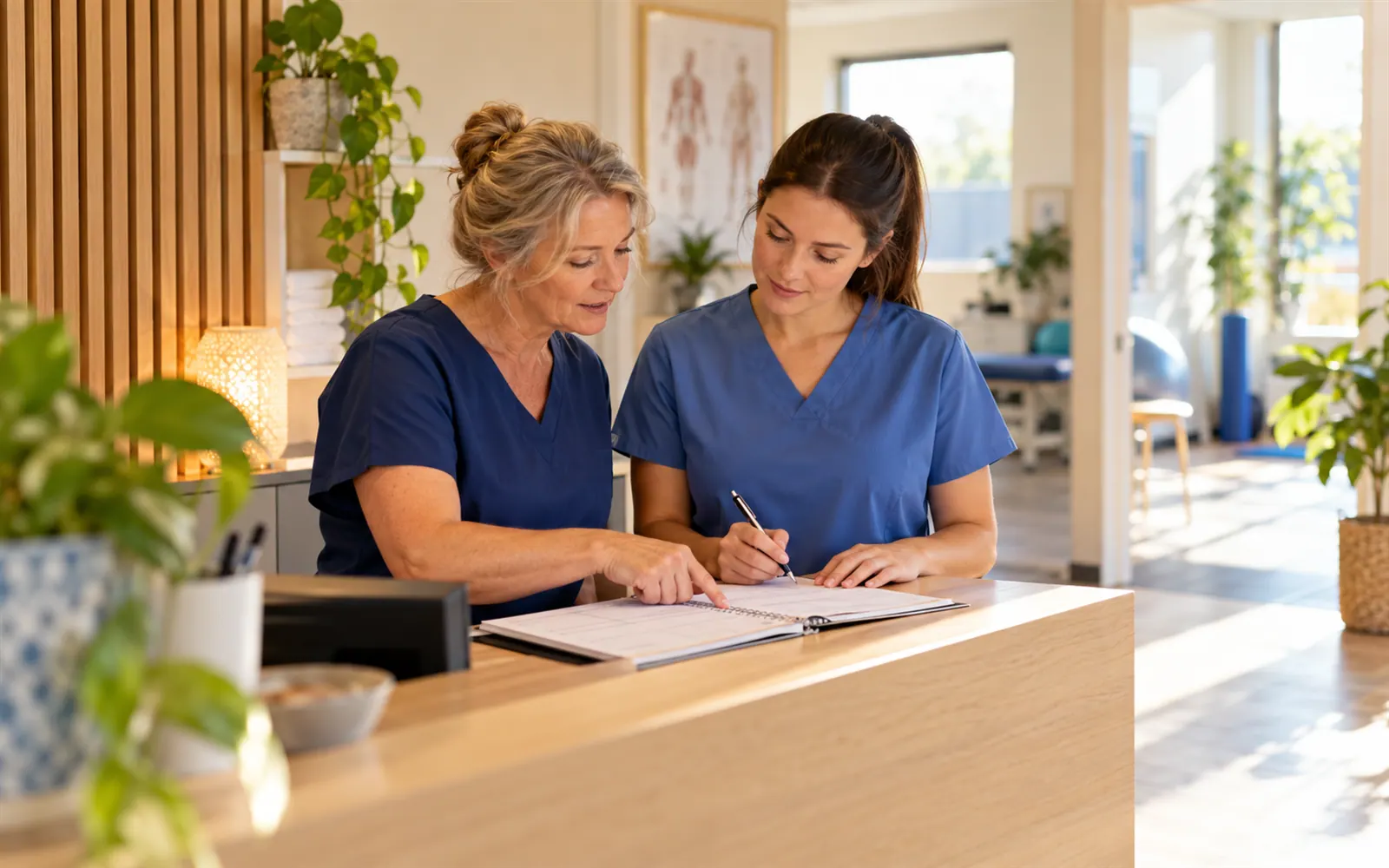 An experienced receptionist showing a new colleague the ropes at a clinic front desk.