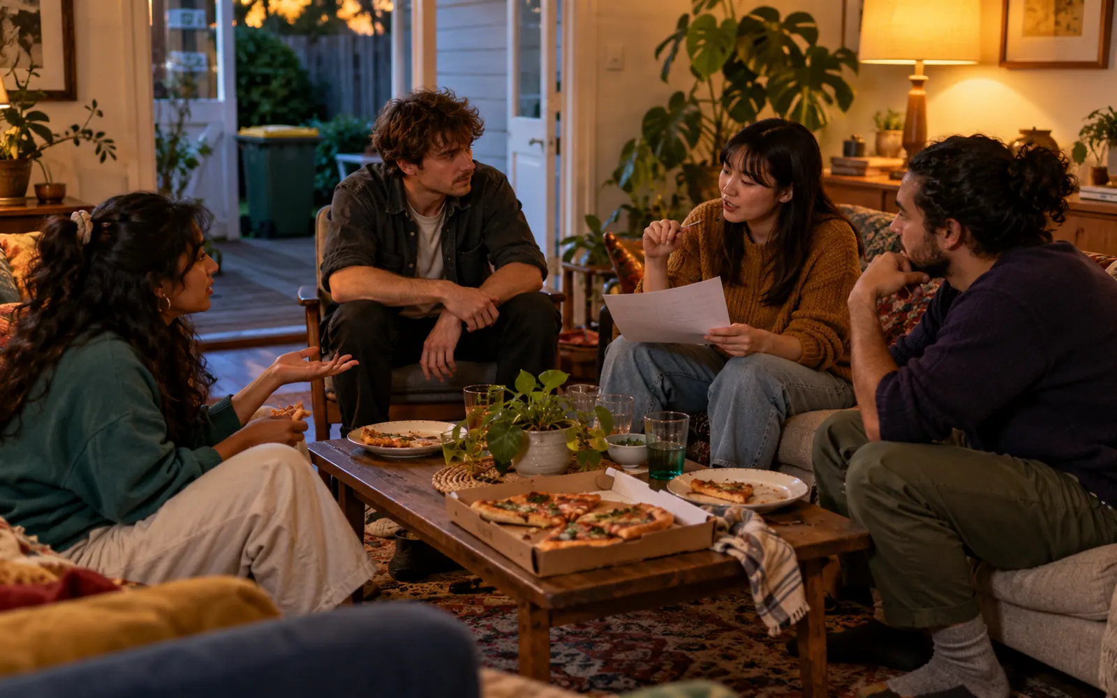 Four housemates at a house meeting over pizza, sorting out who does which job.