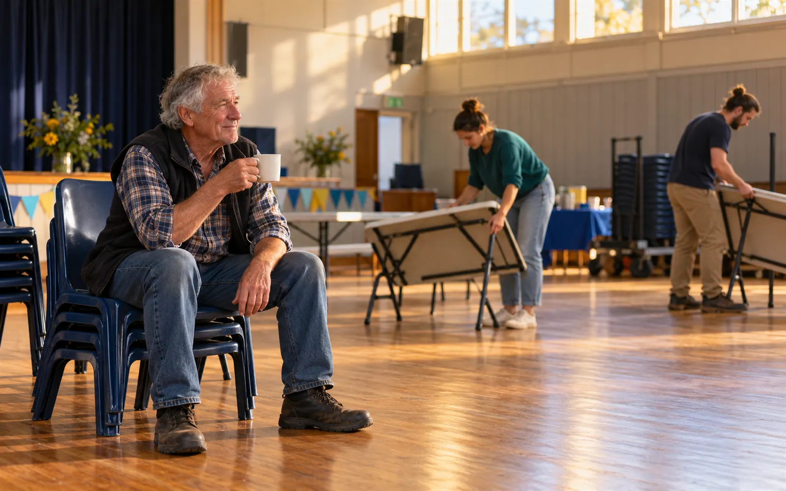 A volunteer taking a breather with a cup of tea while others pack up the hall after an event.