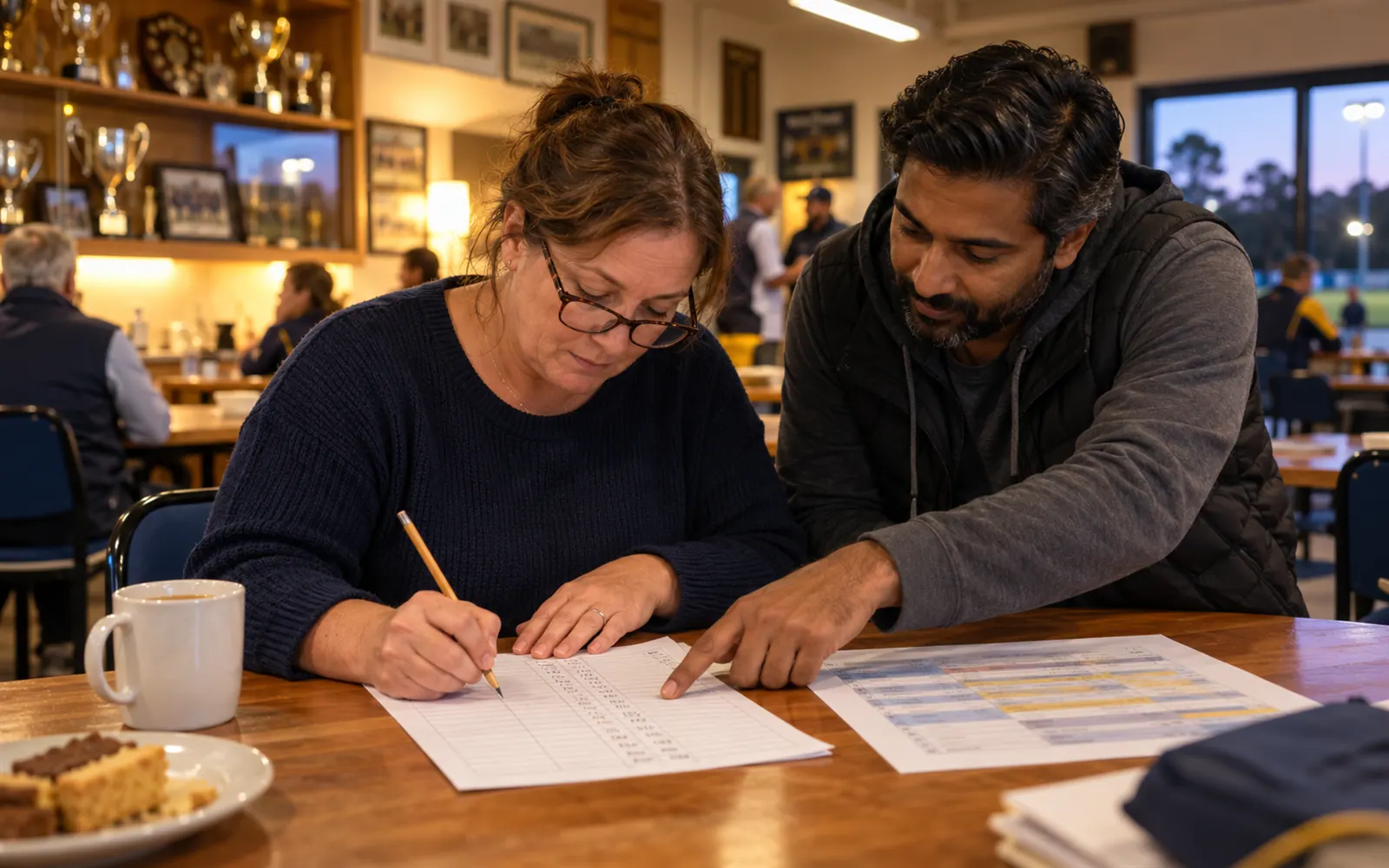 Two club volunteers checking a hand-made roster and a tally of turns at the clubhouse table.