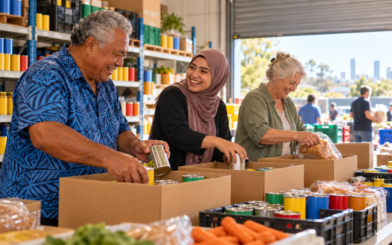 Volunteers packing food boxes together at a community pantry on a weekday morning.