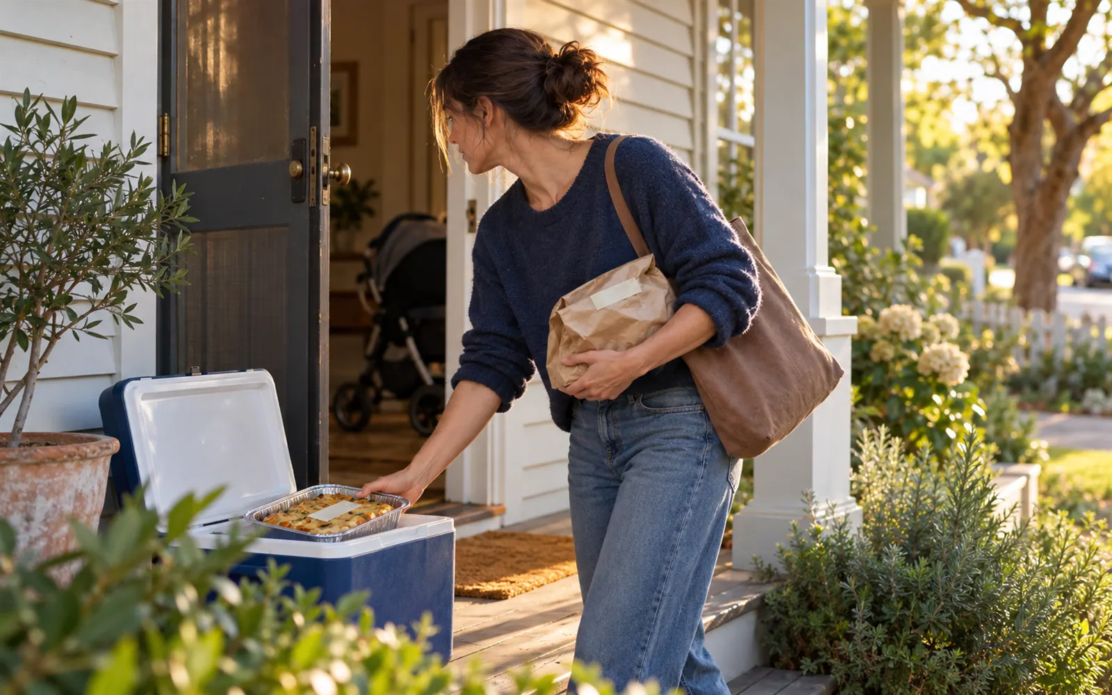 A woman leaving a home-cooked meal in an esky on a family’s front step in the late afternoon.