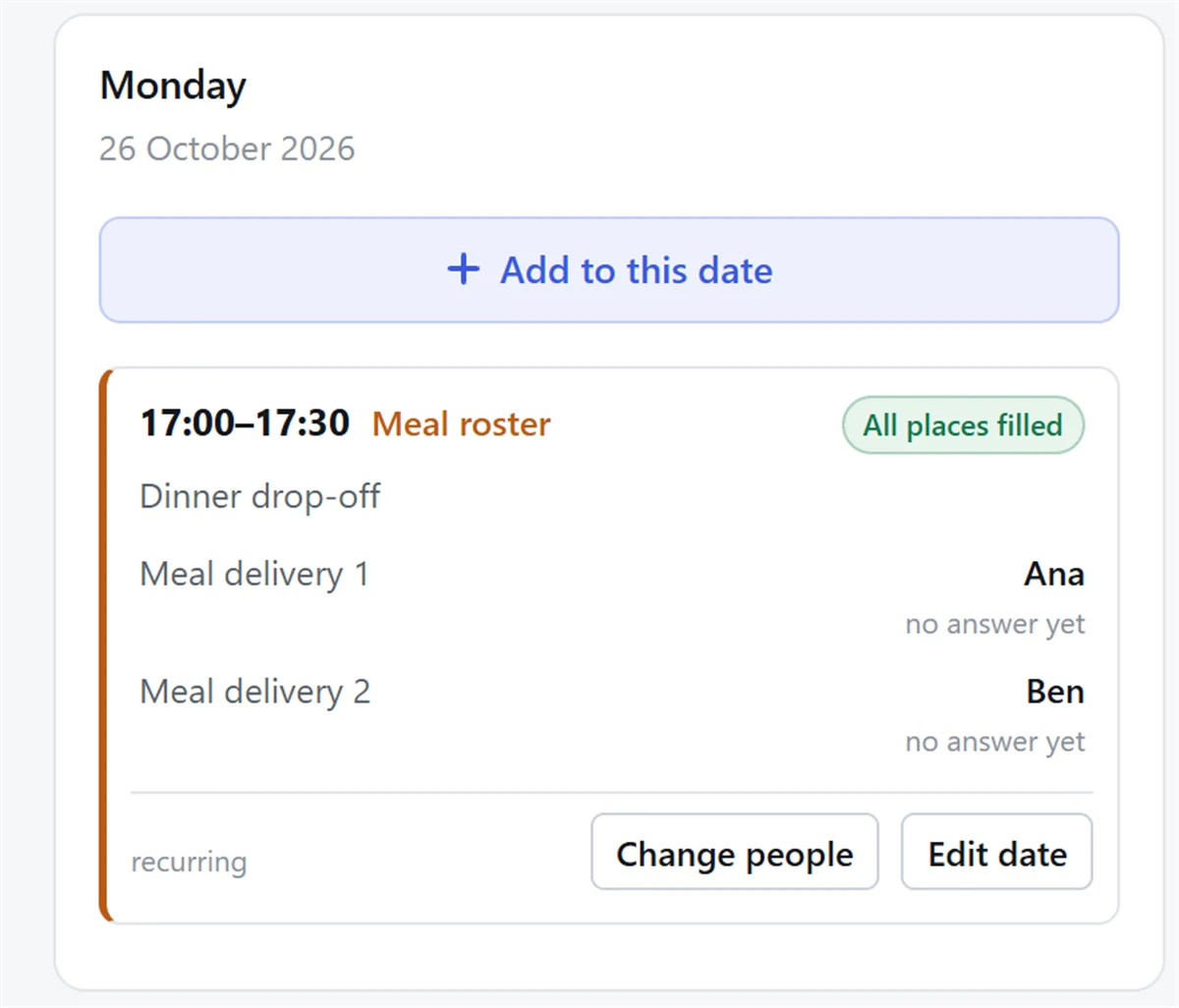 Screenshot: a Monday dinner drop-off with two meal deliveries filled