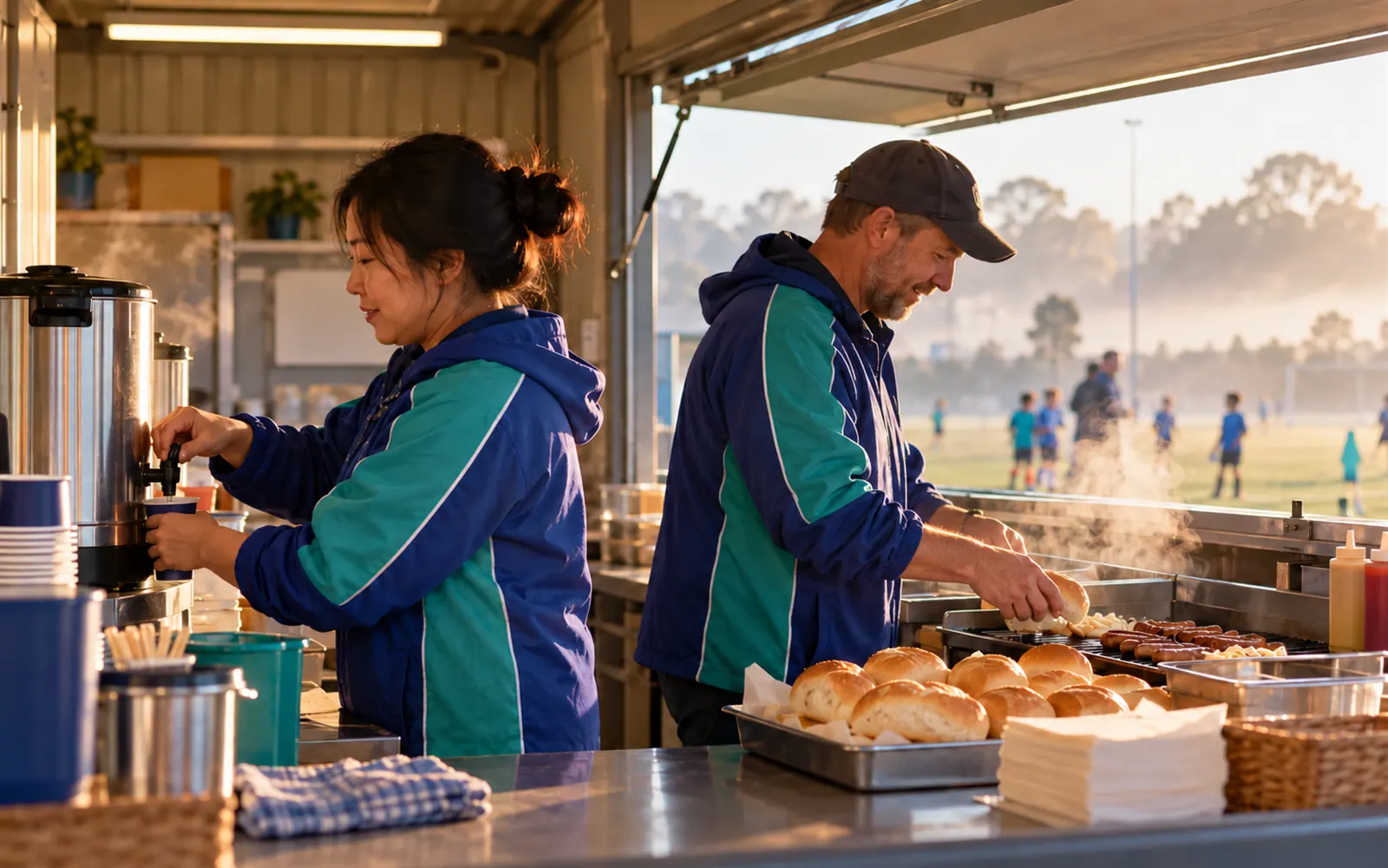 Two parents opening the club canteen on a cold Saturday morning, filling the urn and laying out rolls.
