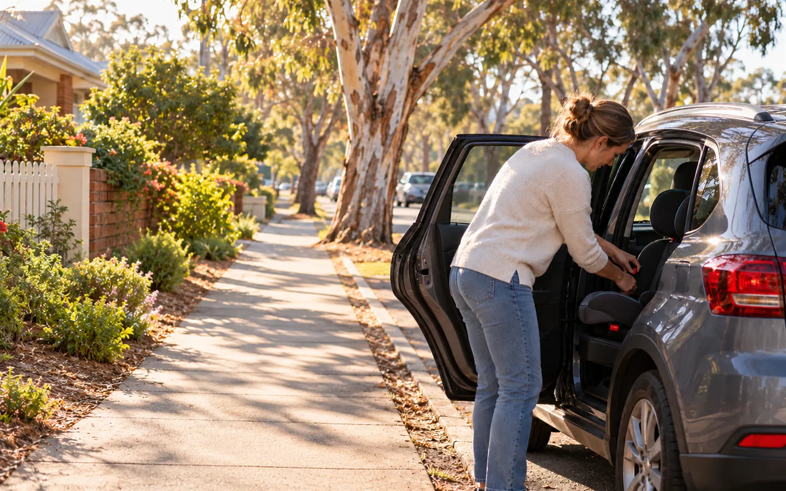 A parent fitting a booster seat into a car outside home before the morning school run.