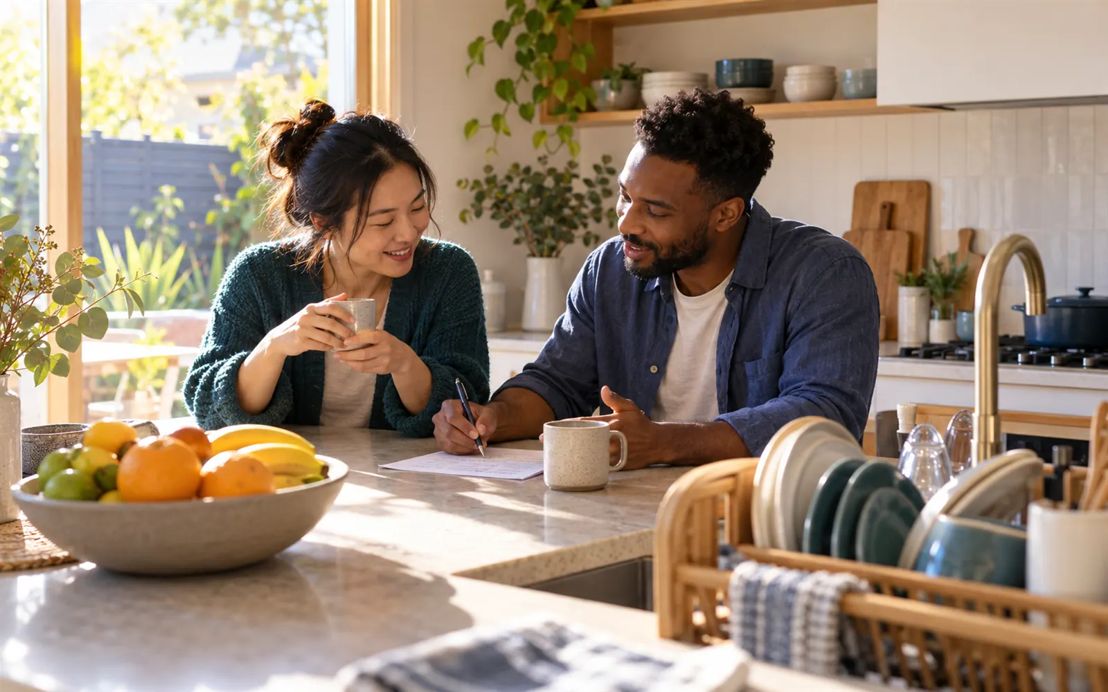 Two partners at the kitchen bench writing out a list of household jobs over coffee.