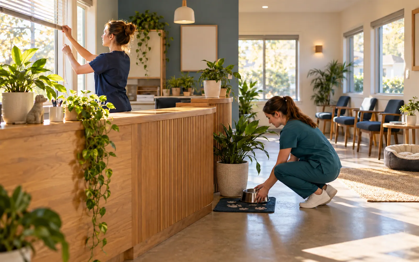 Two staff opening up the front counter of a small vet clinic in the morning.