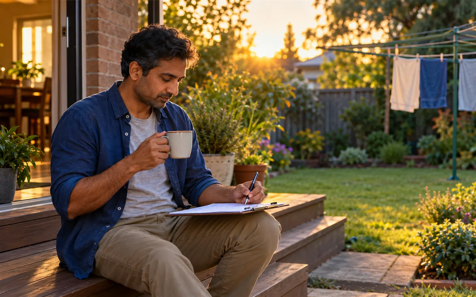 An organiser on the back step with the roster on a clipboard, getting the week’s reminders ready.