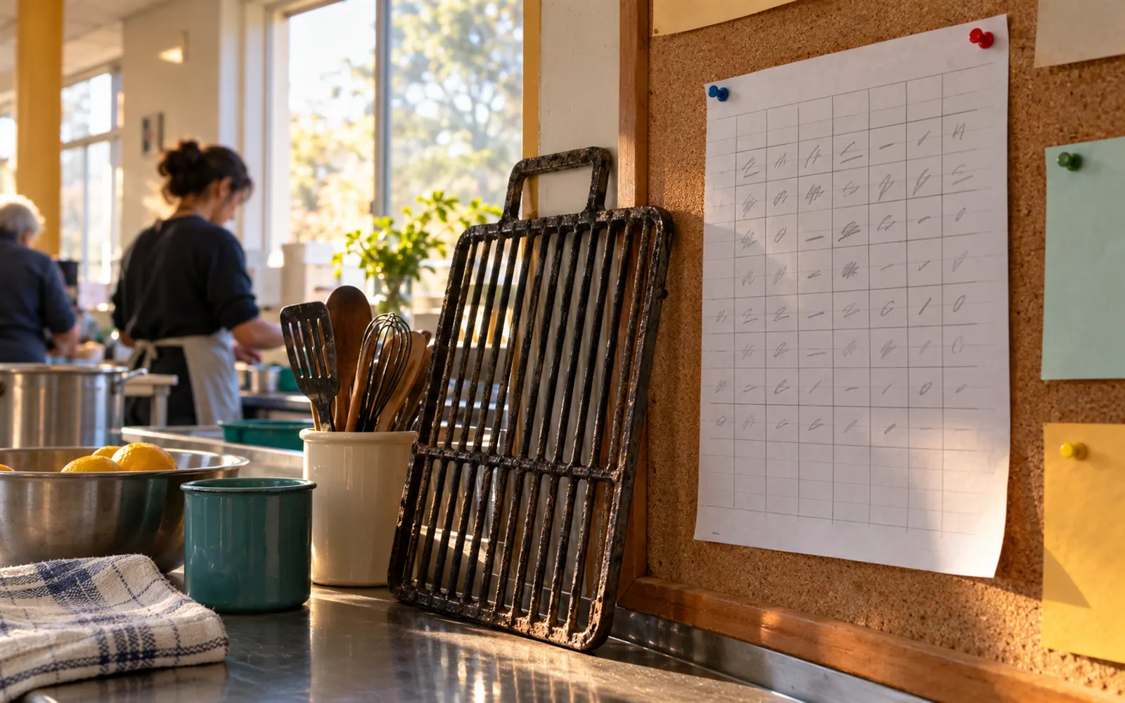 A ruled duty sheet pinned to a hall noticeboard, its grid of rows and columns echoing a grill grate beside it.