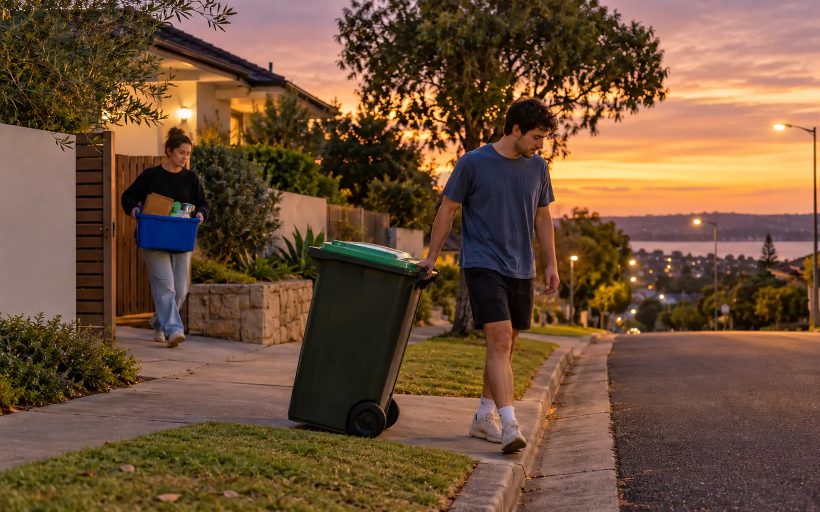 Two housemates taking the bins out to the kerb at dusk.