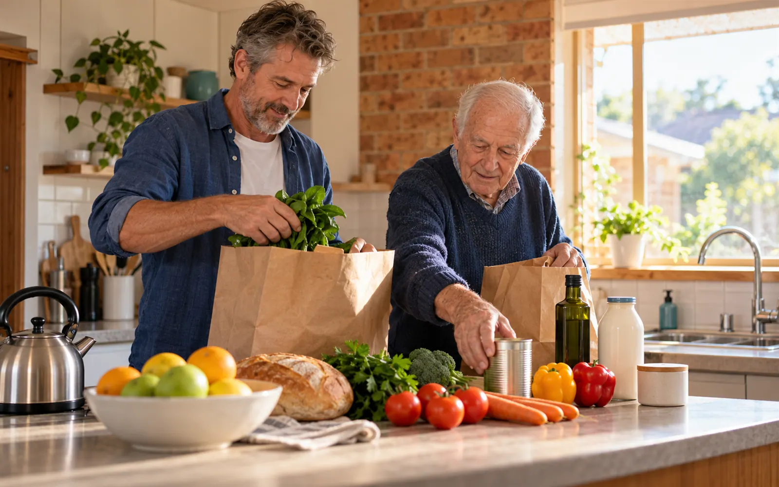 An adult son helping his elderly father unpack groceries in a sunny kitchen.