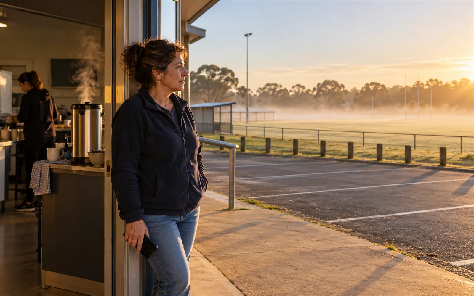 A canteen coordinator at the club doorway early on Saturday, working out who can fill a gap.