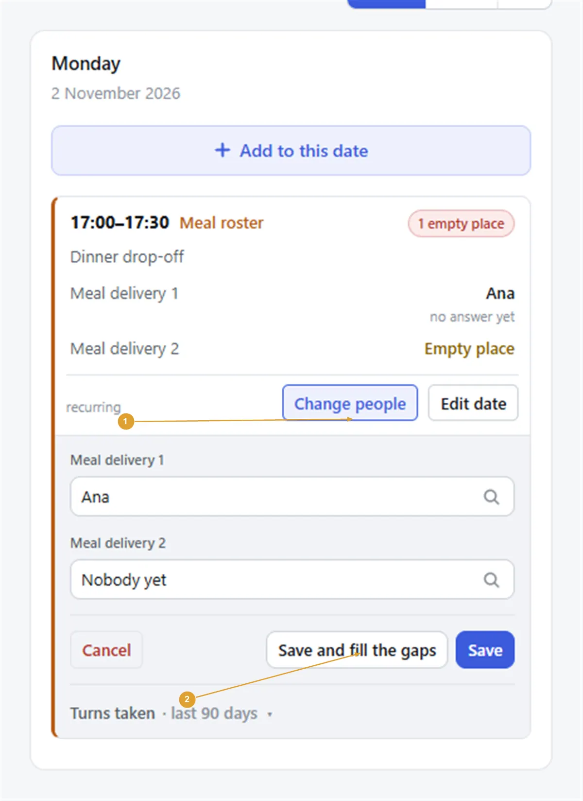 Screenshot: a date in the day panel with Change people open, one place filled and one empty, and Save and fill the gaps