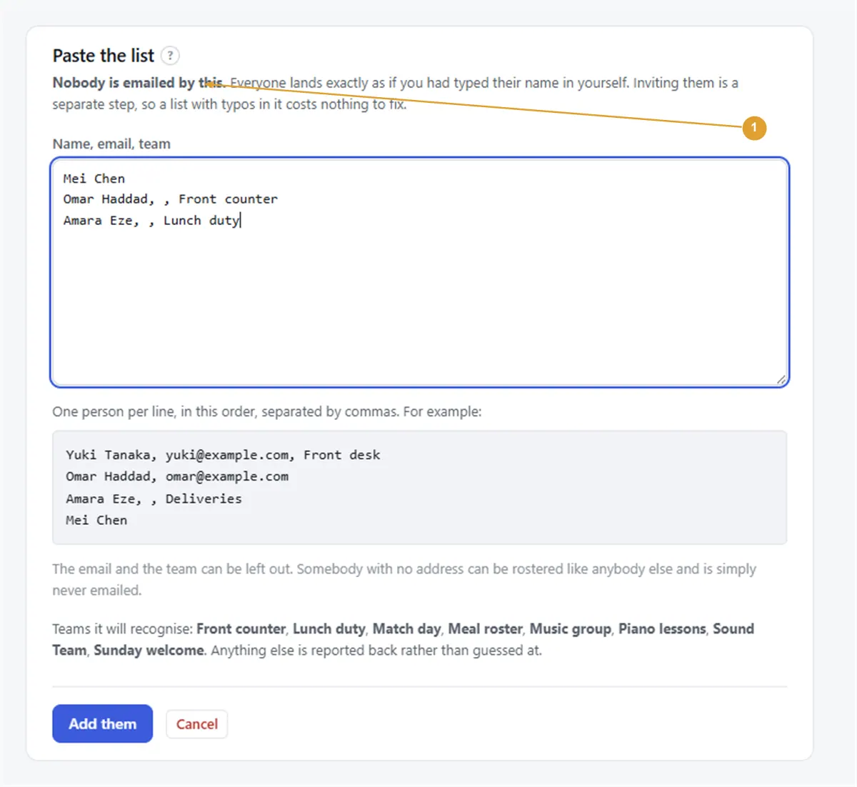 Screenshot: the Paste a list box with names, an optional email and a team on each line